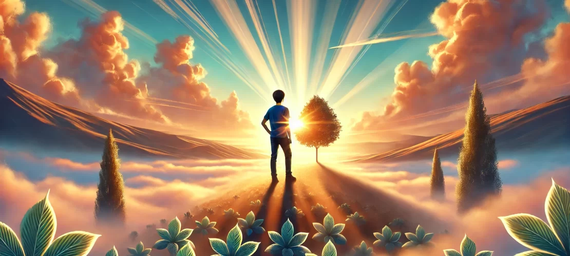 Serene motivational illustration of a teenager standing confidently on a hilltop at sunrise, overlooking a vibrant landscape symbolizing growth and confidence.