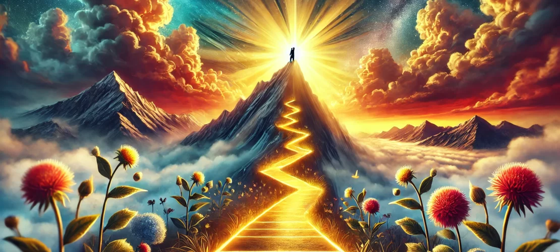 Motivational scene of a symbolic journey to success, featuring a mountain path and a teenager confidently climbing toward the summit, representing overcoming self-doubt.