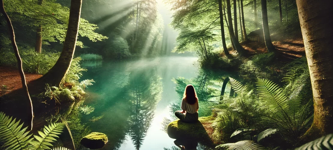 A serene and inspiring scene of self-reflection and growth featuring a young person sitting by a tranquil lake surrounded by lush greenery, gazing at the calm water.