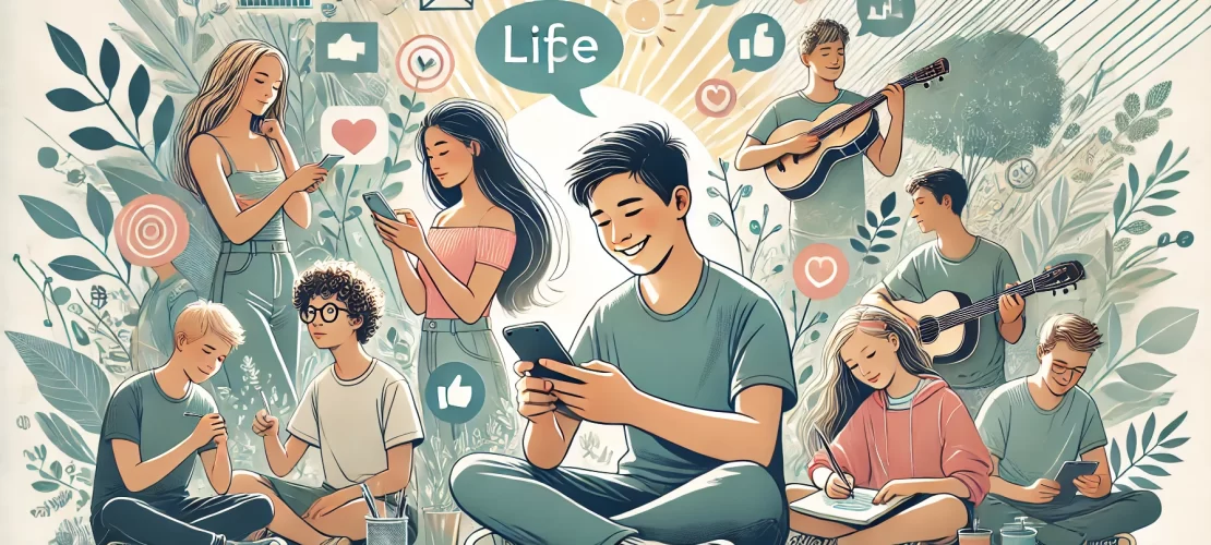 A serene illustration of teenagers engaging positively with social media, promoting balance and mindful digital interaction.