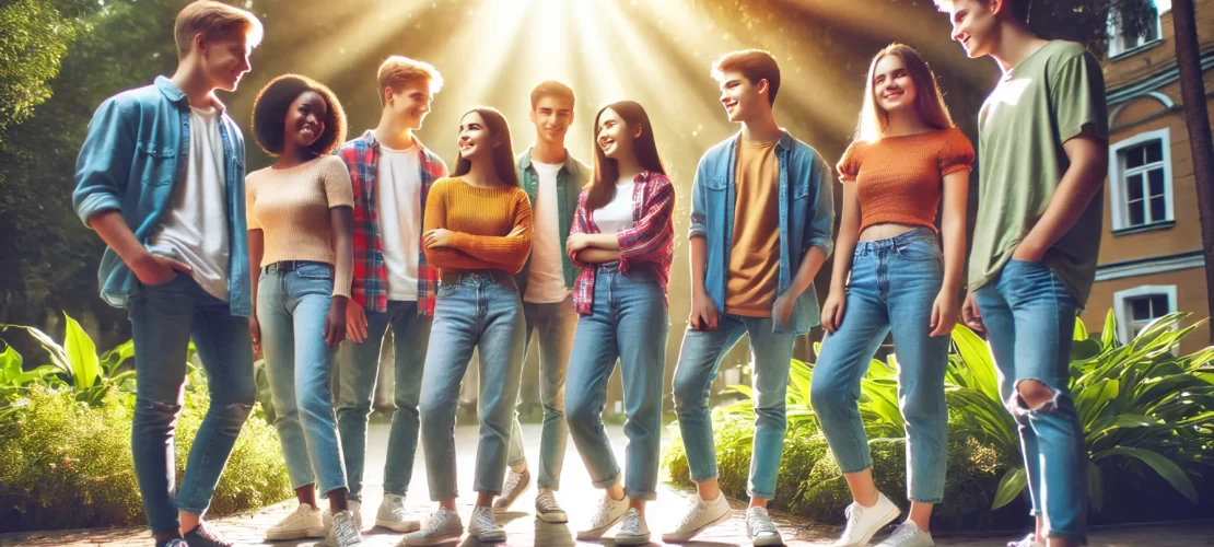 Diverse group of teenagers standing confidently together, symbolizing positive and healthy relationships.