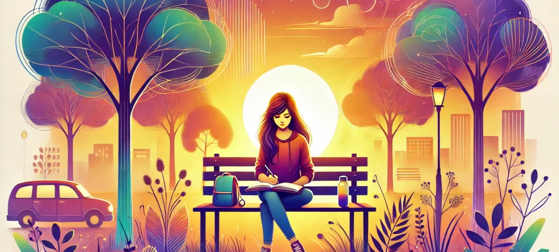 Teenage girl sitting on a park bench at sunset, surrounded by nature with a peaceful and serene atmosphere.