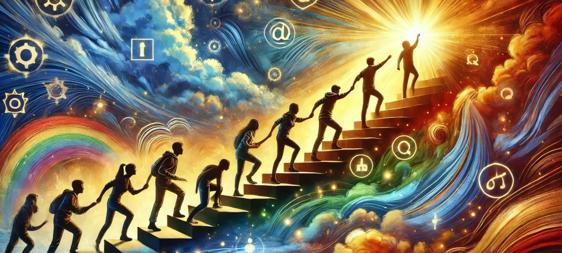 Diverse group of teens climbing a glowing staircase symbolizing the journey from failure to success.