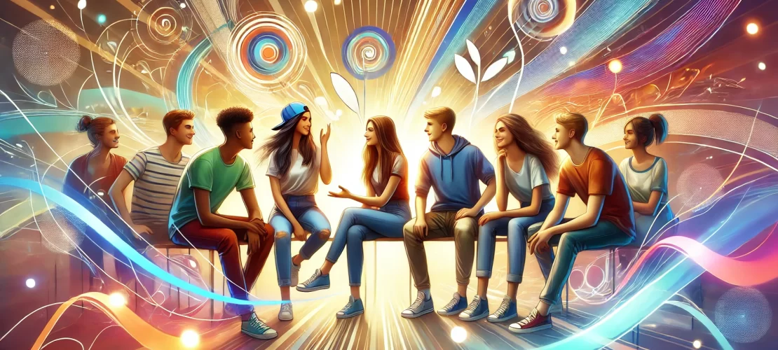 Group of diverse teenagers engaged in a lively conversation in a vibrant and modern energetic setting.