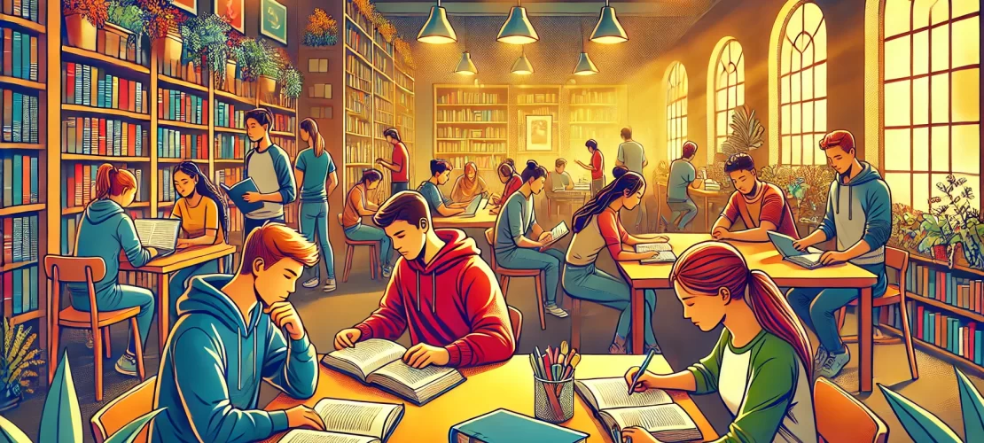 Diverse group of teenagers studying together in a vibrant and cozy library setting.