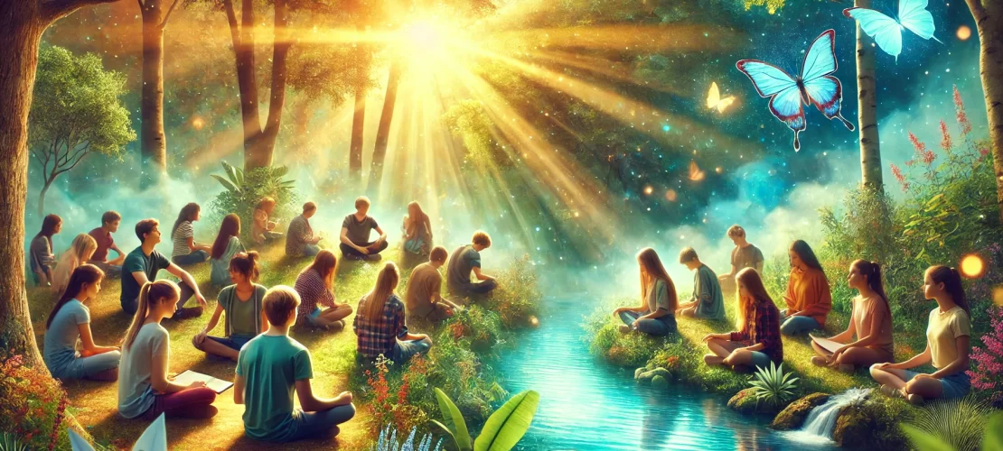 Digital artwork showing teenagers in a serene environment promoting mindfulness and positivity.