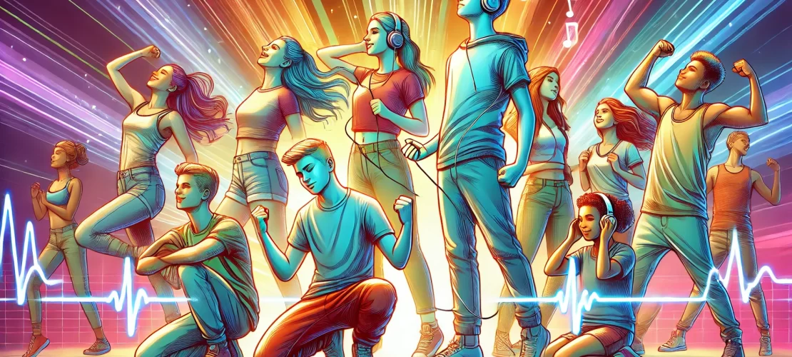 Dynamic illustration of diverse teenagers engaging in uplifting activities, showcasing youthful energy and confidence.