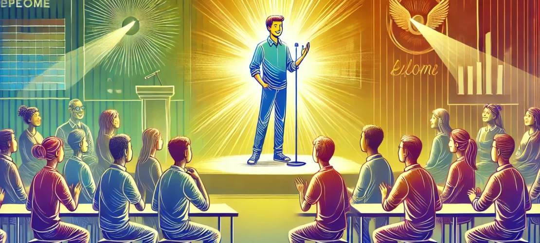 Motivational illustration of a confident teenager speaking in front of an audience in a classroom or community center.