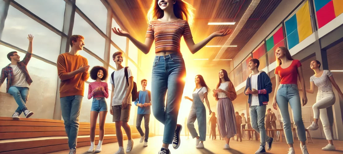 Diverse group of teenagers in a casual setting displaying confident body language, symbolizing self-assurance and positivity.