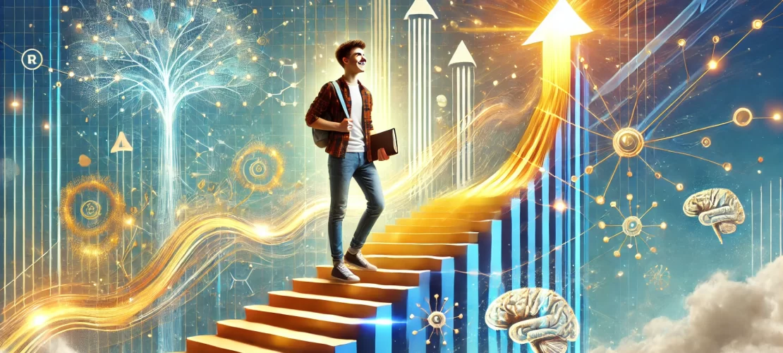 Teenager confidently standing on a glowing pathway surrounded by vibrant and uplifting elements symbolizing building and mastering confidence.