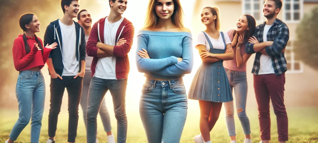 Illustration contrasting self-esteem and arrogance, showing a confident teenager standing tall with positive energy on one side and an arrogant pose on the other.