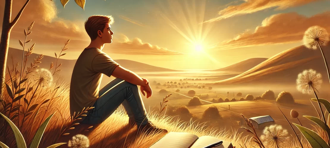 Serene illustration of a confident teenager sitting on a hilltop at sunset, symbolizing self-reflection and a healthy self-view.