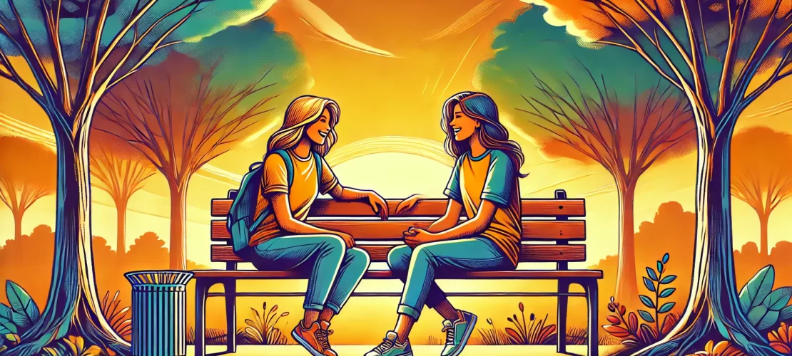 Two teenage friends laughing and enjoying a moment on a park bench with a vibrant natural background.