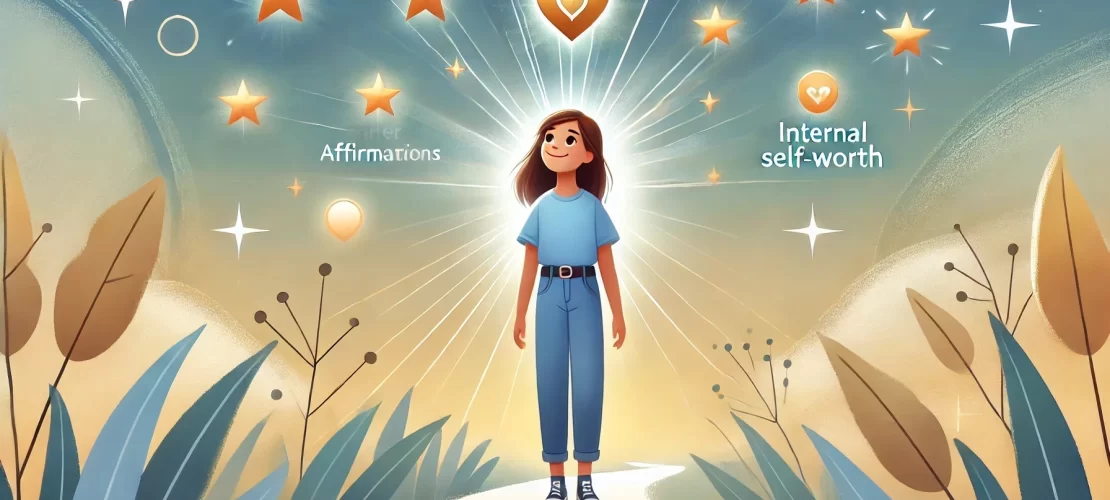 Confident teenager standing on a glowing pathway surrounded by affirmations symbolizing self-belief and personal growth.