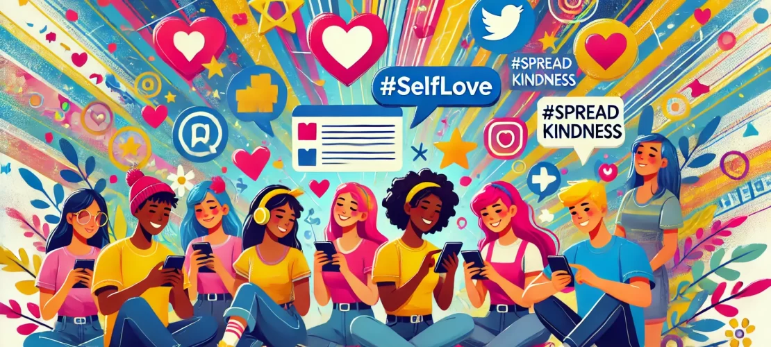 Diverse teenagers engaging creatively with devices in a positive and vibrant digital illustration.