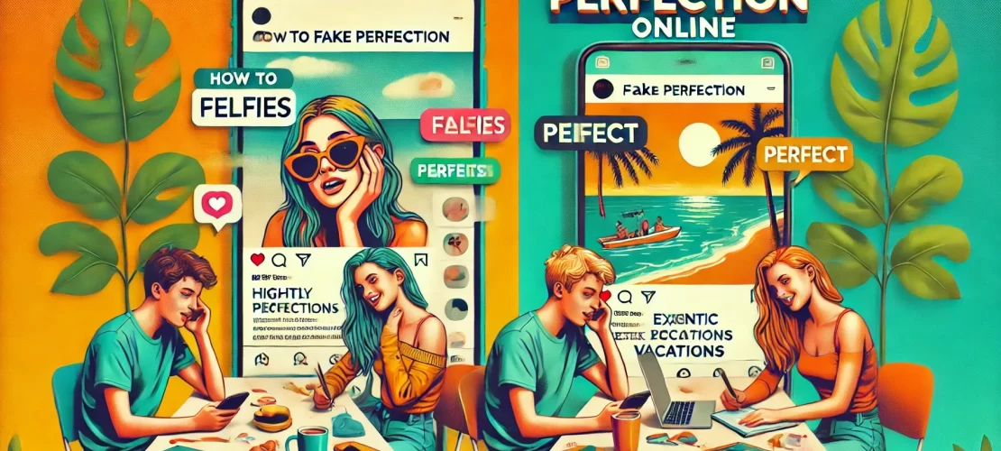 Illustration of spotting fake perfection online, showing a smartphone with idealized images contrasted with real-life imperfections.