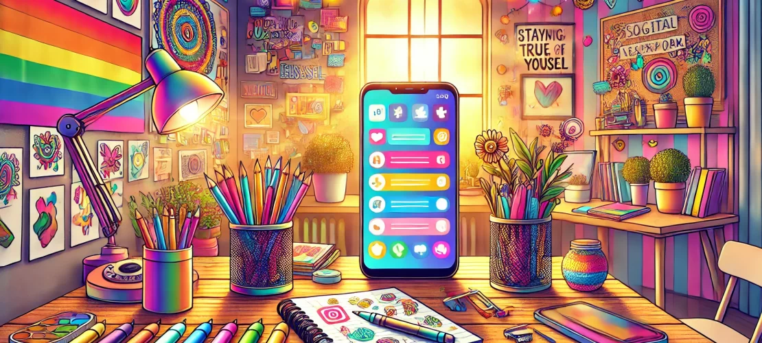 Vibrant illustration of a teenager's digital and creative workspace with bright decorations and tools for creativity.