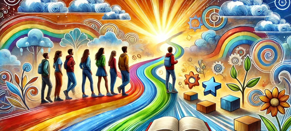 Inspirational illustration of diverse teenagers standing on a colorful winding path, symbolizing life's journey and growth.