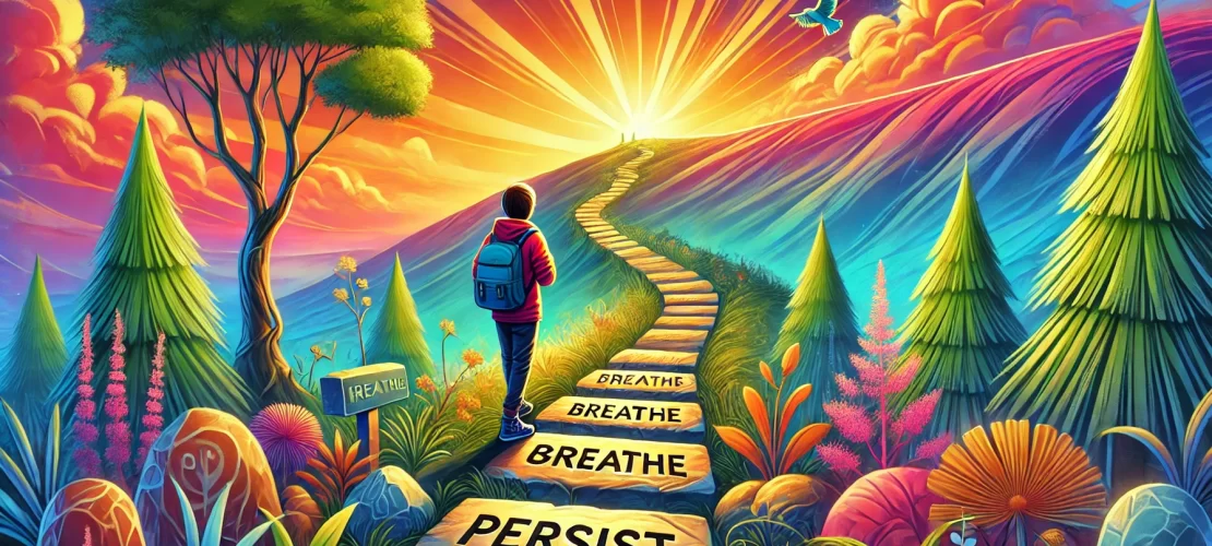 A vibrant wide-aspect-ratio illustration depicting a serene yet determined teenager walking through a glowing forest pathway, symbolizing patience and resilience.