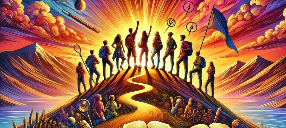 A vibrant wide-aspect illustration of diverse teenagers climbing a glowing mountain trail, symbolizing resilience, teamwork, and perseverance.