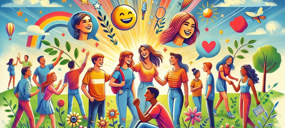 A vibrant wide-aspect illustration of diverse teenagers in a cheerful outdoor setting, symbolizing friendship, confidence, and empowerment.