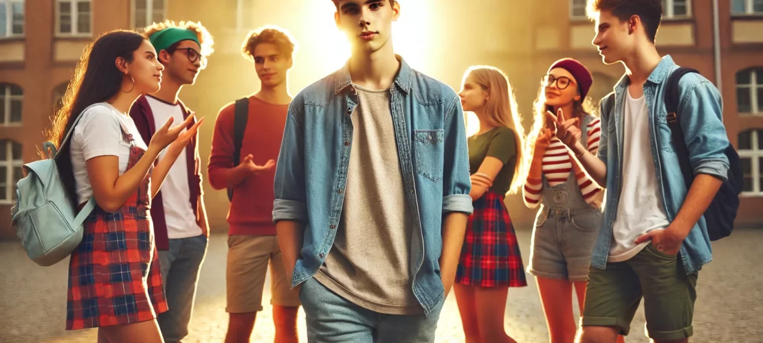 A vibrant and youthful wide-aspect image of teenagers in a relatable setting, symbolizing navigating peer pressure with confidence.