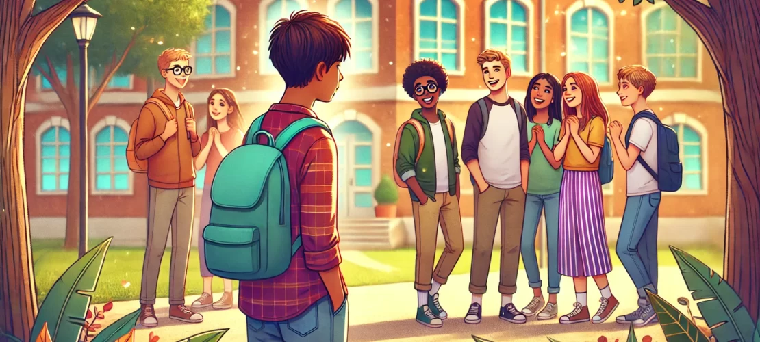 A vibrant wide-aspect illustration featuring teenagers in a welcoming and optimistic setting, symbolizing the theme of making new friends.