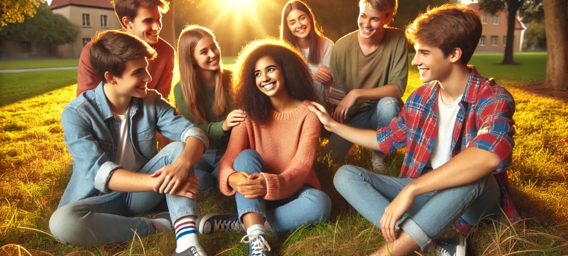 A vibrant wide-aspect digital illustration of diverse, happy teens sitting together in a park, symbolizing friendship, positivity, and connection.