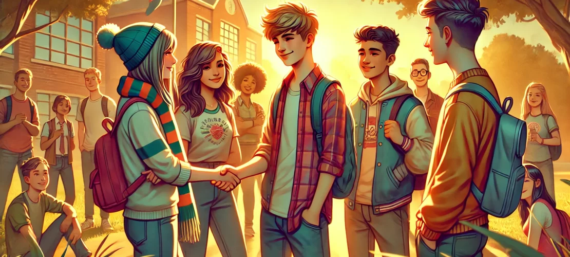 A vibrant wide-aspect digital illustration depicting teenagers resolving a conflict peacefully and empathetically, emphasizing unity and understanding.