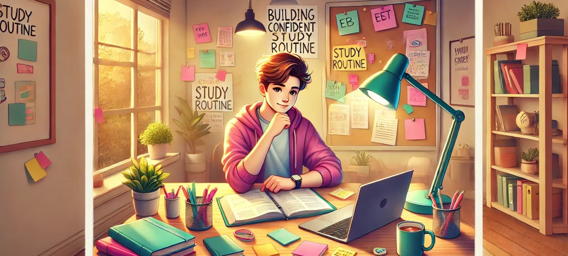 A vibrant wide-aspect illustration showing a teenager confidently following a study routine, with a tidy desk, books, and a planner in a well-lit, inspiring environment.