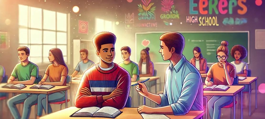 A vibrant wide-aspect illustration of diverse high school students in a classroom setting, featuring a confident student presenting while peers actively listen and engage.