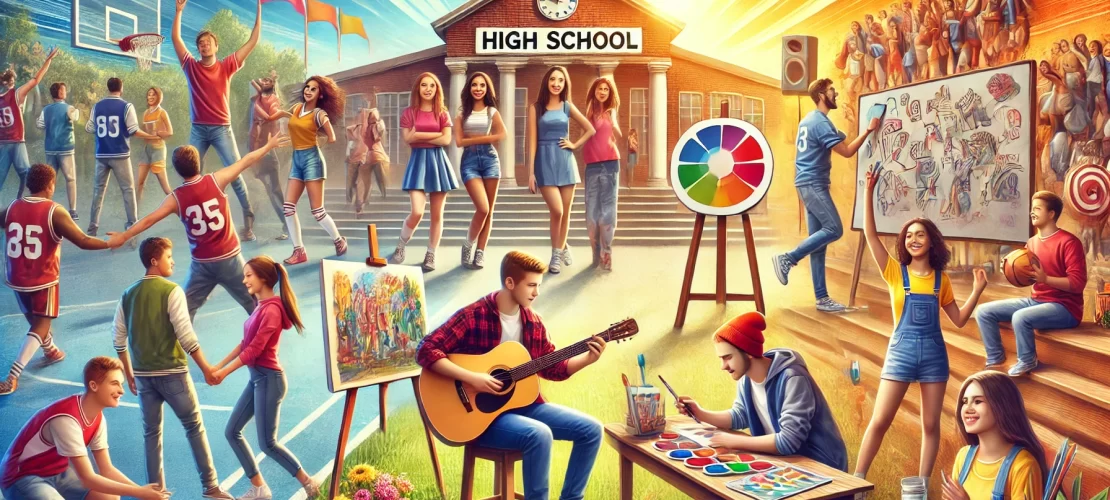 A vibrant wide-aspect illustration of diverse high school students confidently participating in extracurricular activities, including art, sports, and debate, in a dynamic and inclusive environment.