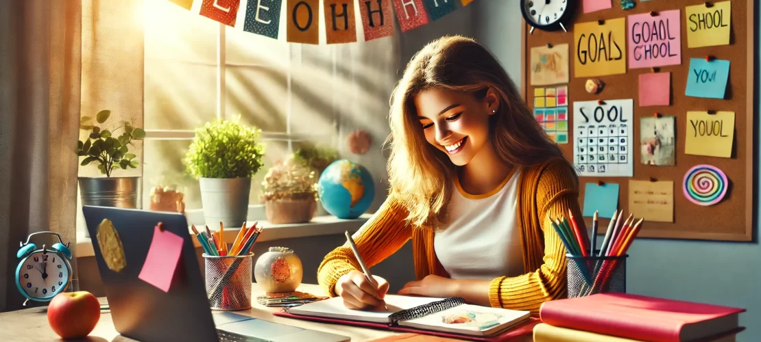 A vibrant and dynamic wide-aspect illustration showing a teenager setting school goals in a calm, organized environment, symbolizing confidence and balance without feeling overwhelmed.