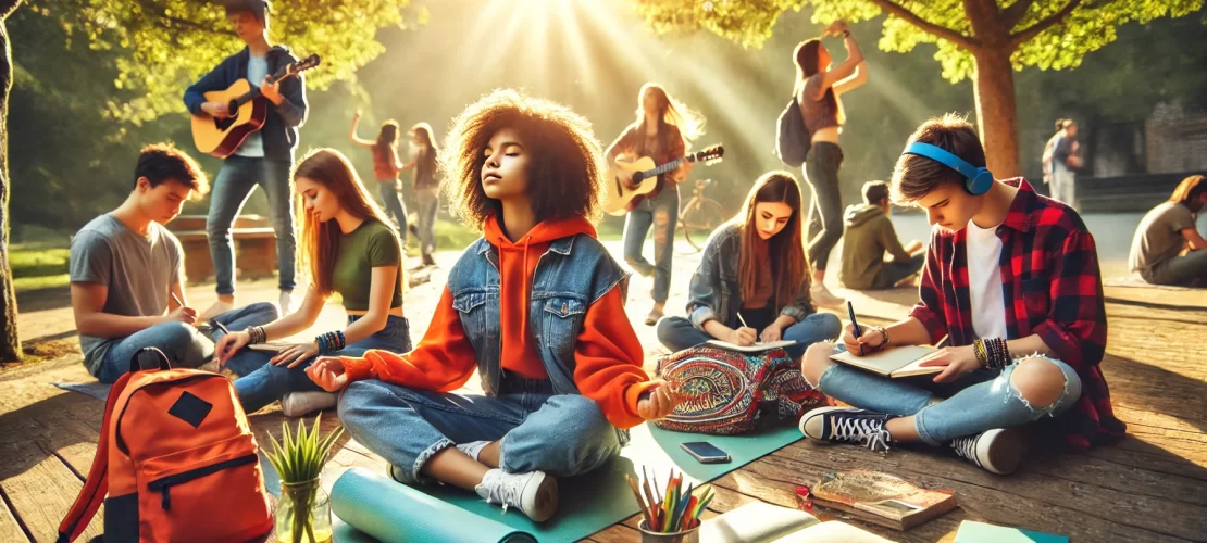 A vibrant wide-aspect illustration showing diverse teenagers practicing stress management through mindfulness and collaboration in a serene outdoor setting.