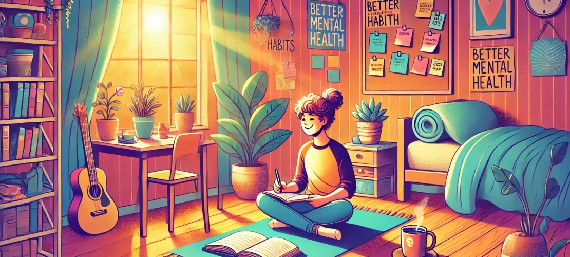 A vibrant wide-aspect illustration showing teenagers engaging in daily habits for better mental health, including mindfulness, exercise, and journaling in a serene park setting.