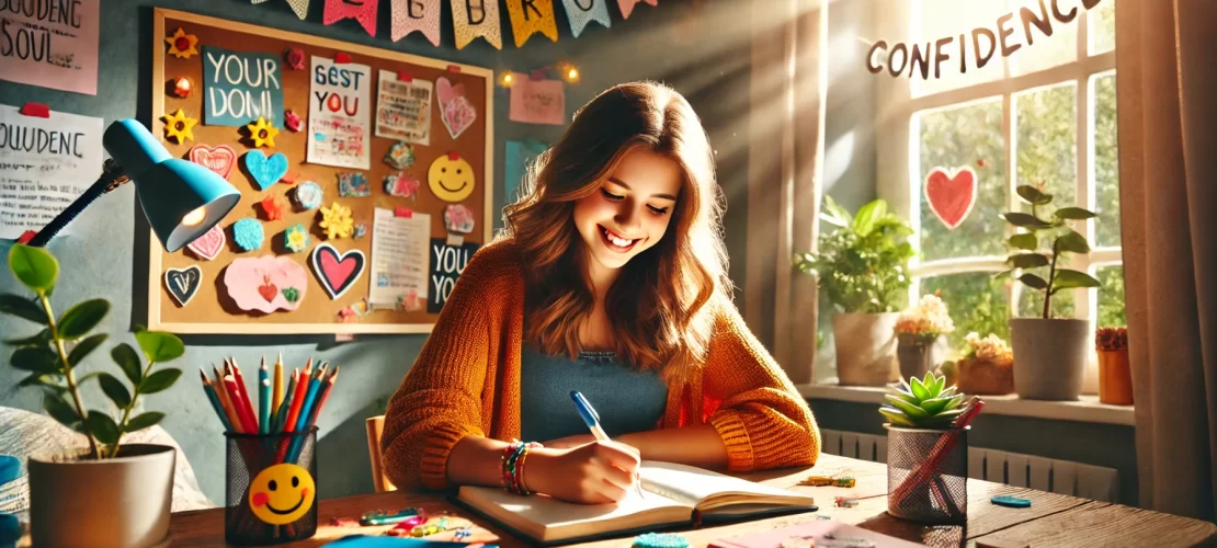 A vibrant wide-aspect illustration of a cheerful teenager journaling in a cozy, inspiring environment, showcasing journaling as a confidence-building tool.