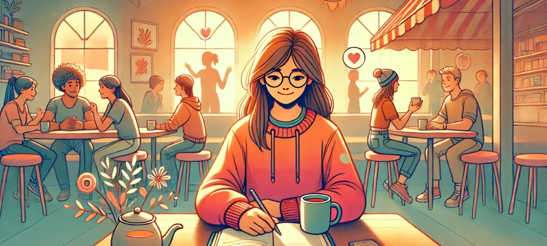 A vibrant illustration of a teenager sitting calmly at a cozy desk with supportive elements, promoting a calming and reflective environment.