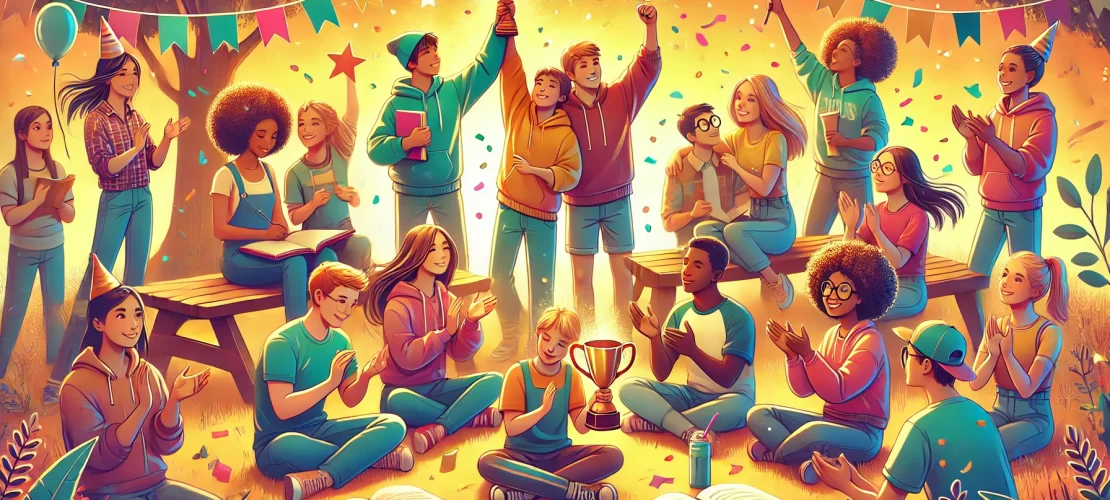 A vibrant illustration of teens celebrating progress through small wins, featuring a joyful group in an uplifting environment.