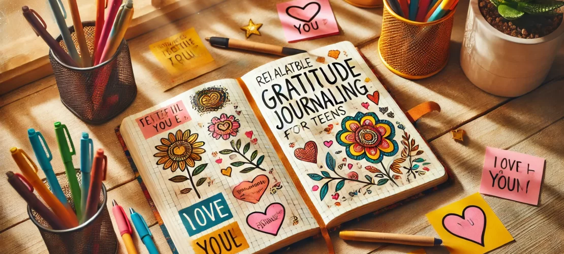 A cozy and inspiring gratitude journaling setup featuring a vibrant notebook, a glowing candle, and affirming messages for teens.