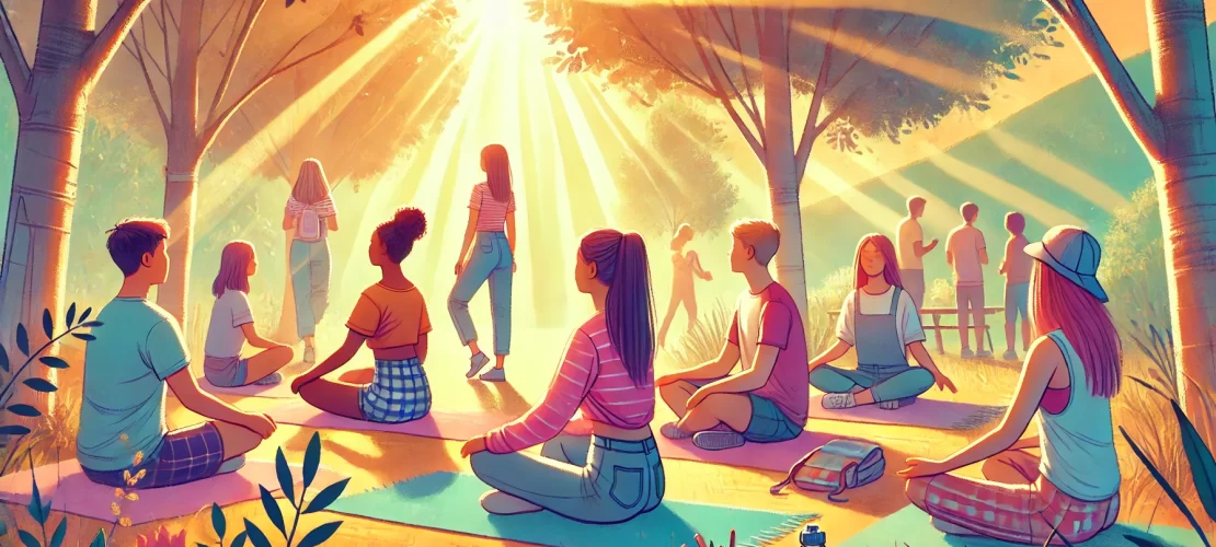 A vibrant illustration of a teen practicing calming breathing exercises before a big moment, set in a serene outdoor environment.