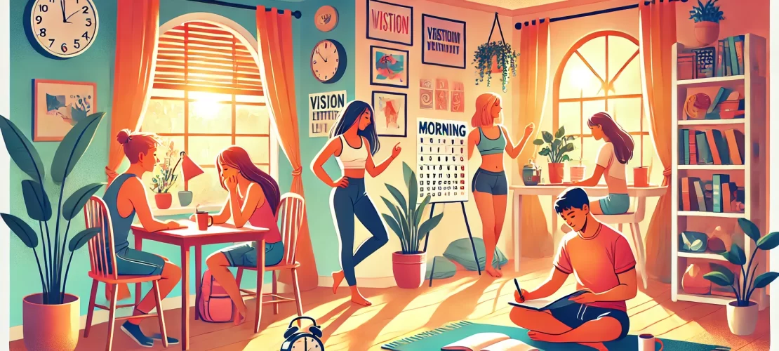 A vibrant wide-aspect-ratio illustration showing a diverse group of teenagers engaging in cheerful morning routines, promoting confidence and positivity.