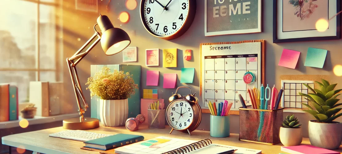 A vibrant wide-aspect-ratio illustration of a stylish and organized teen workspace featuring a modern desk, colorful sticky notes, a planner, and motivational decorations.