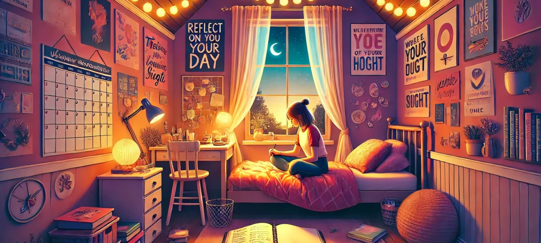 A vibrant and relatable wide-aspect-ratio illustration of a cozy teen bedroom with soft lighting, depicting a teenager journaling and reflecting on their day.