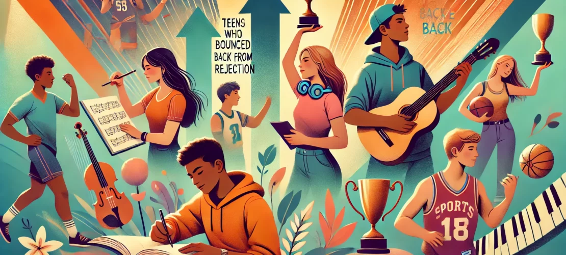 A vibrant and empowering wide-aspect-ratio illustration of diverse teens standing confidently, symbolizing resilience and bouncing back from rejection.