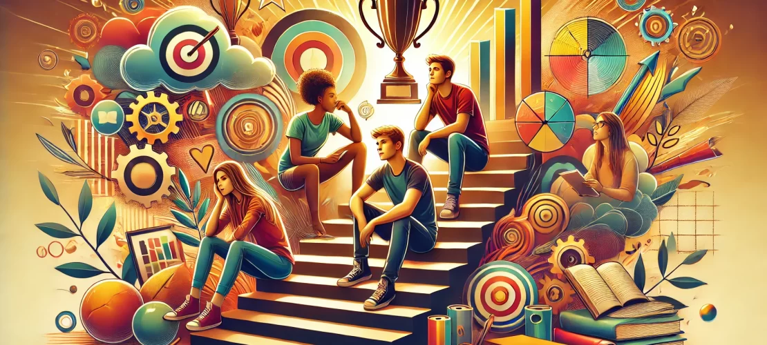 A vibrant and relatable illustration of diverse teenagers sitting on a modern staircase, each reflecting on personal growth and self-discovery.