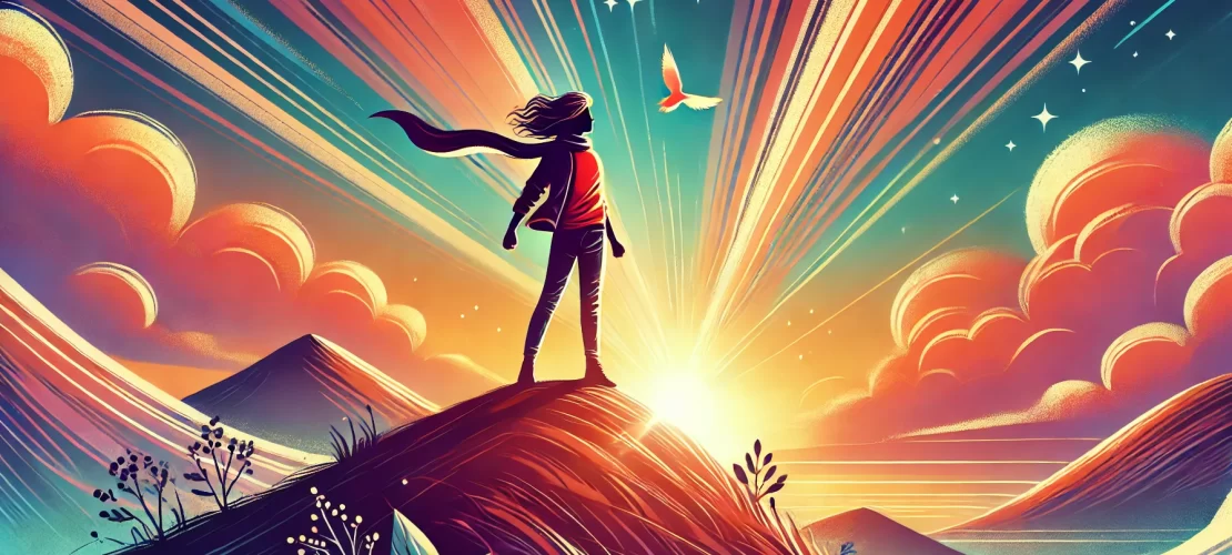 A vibrant illustration of a confident teenager standing in a glowing environment, symbolizing empowerment and optimism.